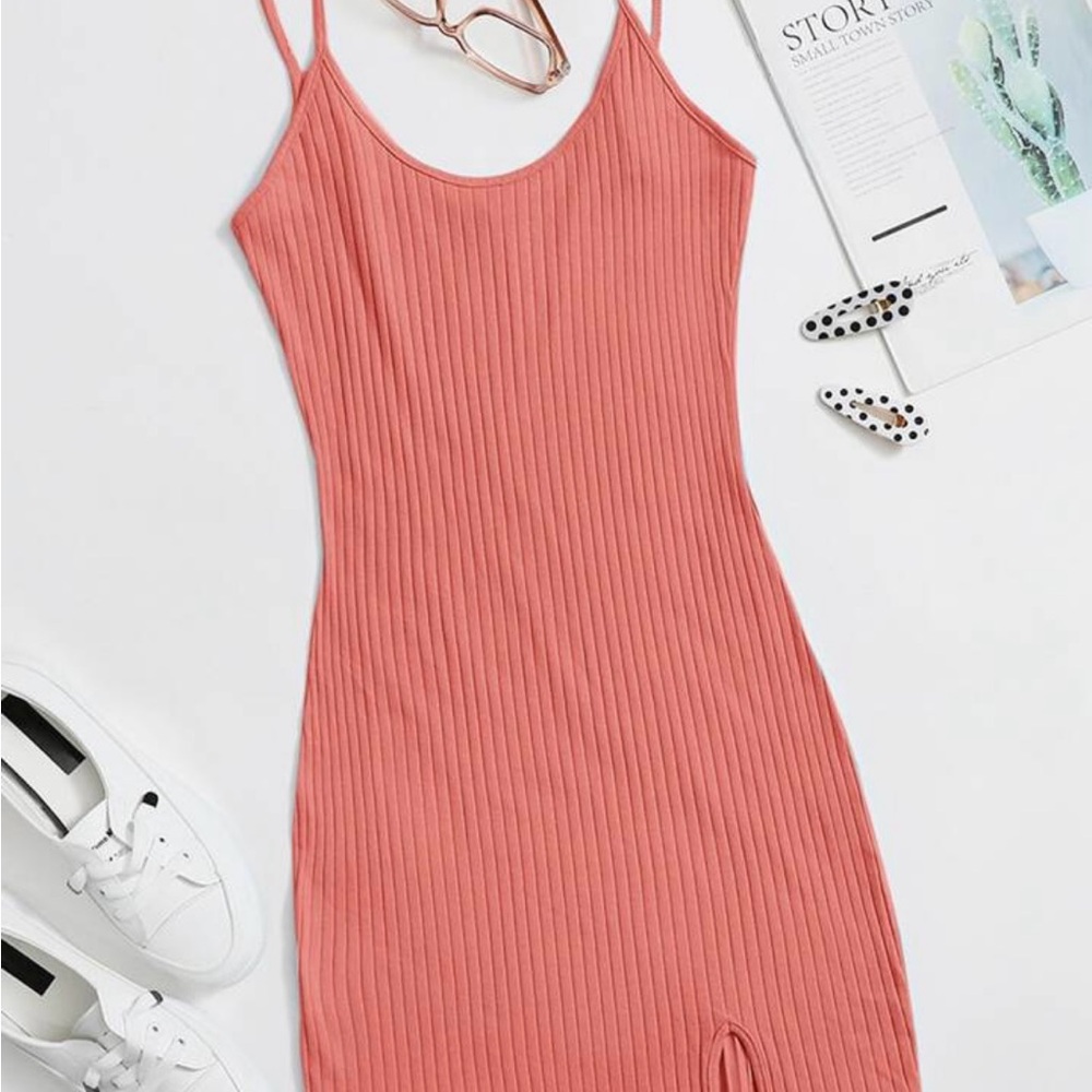 Elegant Coral Ribbed Dress